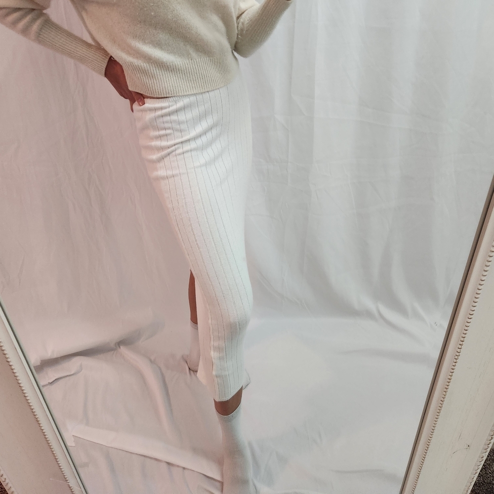 Guizio Nordstrom Elegant White Midi Skirt Bodycon Maxi Cream Slit Knit Shape - Picture 2 of 7
